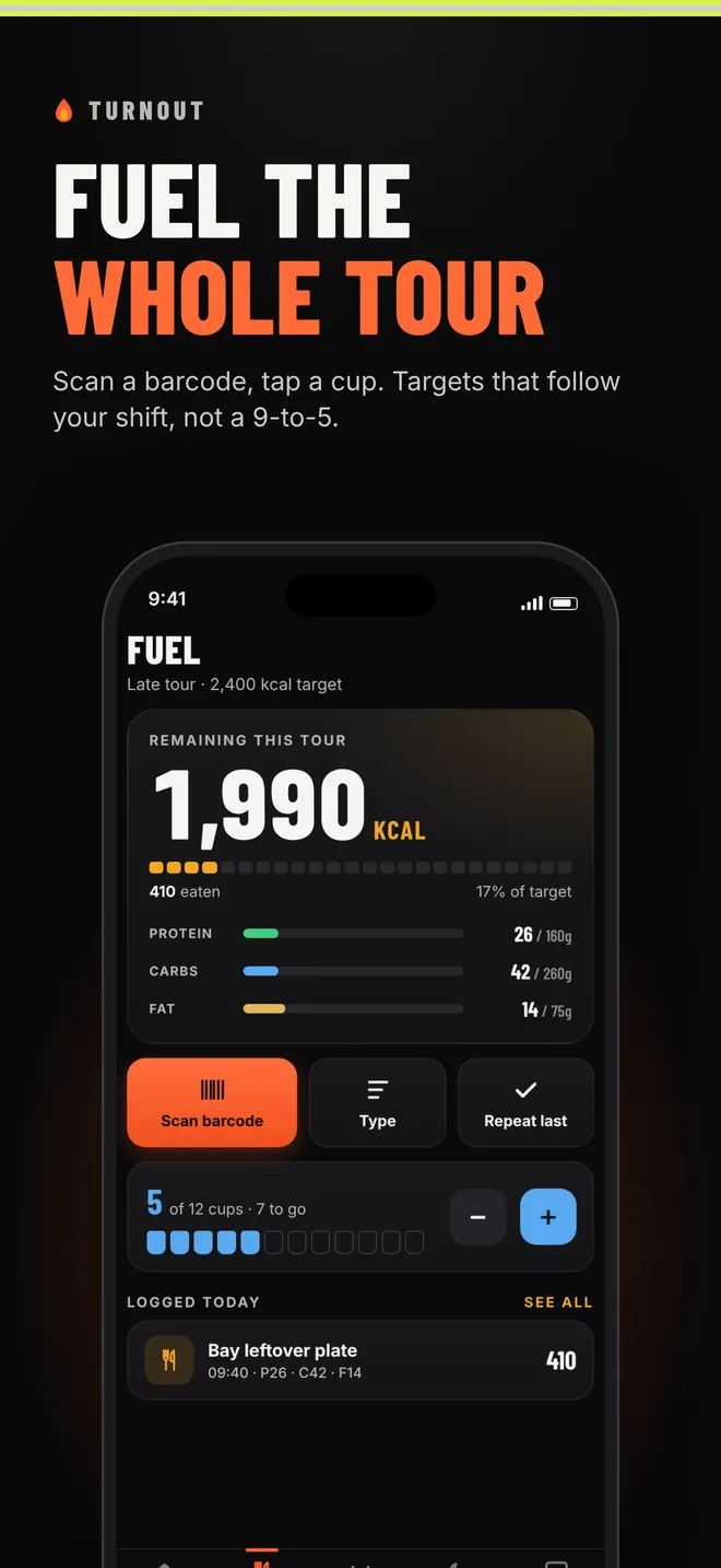 Fuel the whole tour: scan a barcode, tap a cup, with targets that follow your shift
