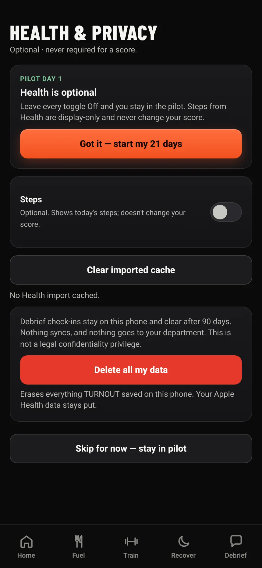 The app's first-run Health & Privacy screen: Health is optional, an optional Steps toggle, and Delete all my data